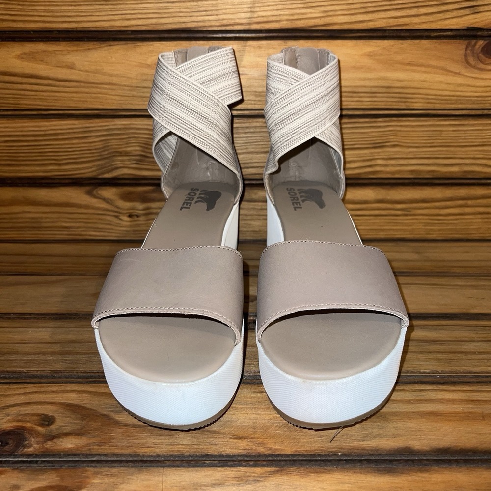 Sorel Cameron Sandal Womens Size 7 Beige Leather Flatform Ankle Strap NL3997-246 - Picture 2 of 10